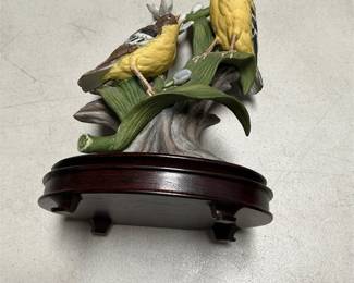 Pair of Songbirds with Flowers on Wood Stand (3/5)