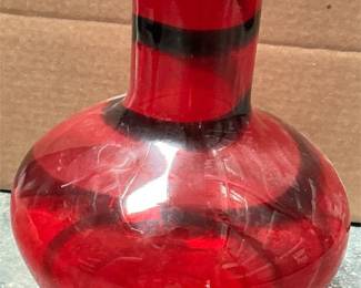 Red Art Glass Bottle Vase with Black Spiral Bands (2/5)