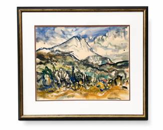 Framed Mountain Landscape in Blue and Ochre