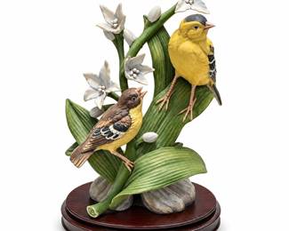 Pair of Songbirds with Flowers on Wood Stand