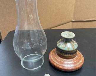 Studio Pottery Oil Lamp with Glass Chimney, Signed SAM (4/5)