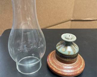 Studio Pottery Oil Lamp with Glass Chimney, Signed SAM (3/5)