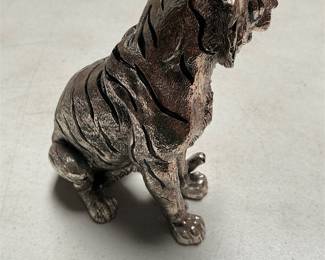 Silver-Tone Seated Tiger Figurine with Black Stripes (4/5)