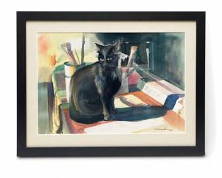 Framed Black Cat and Artist’s Supplies Artwork