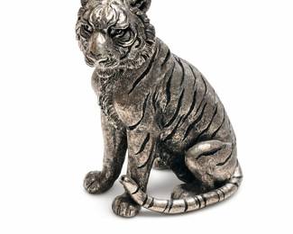 Silver-Tone Seated Tiger Figurine with Black Stripes