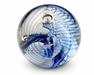 Blue Swirl Art Glass Paperweight with Controlled Bubbles