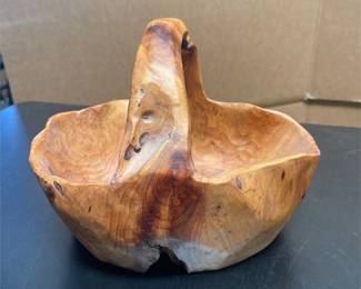 Carved Burl Wood Basket with Integral Handle (4/5)