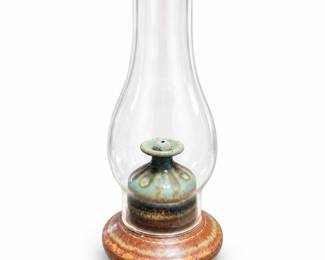 Studio Pottery Oil Lamp with Glass Chimney, Signed SAM