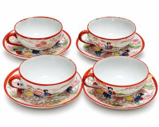 Four Japanese Porcelain Geisha Teacups and Saucers