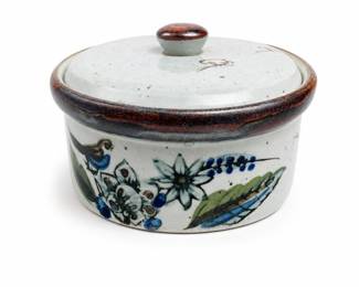 Stoneware Covered Bowl with Bird and Floral Decoration
