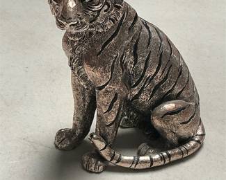 Silver-Tone Seated Tiger Figurine with Black Stripes (2/5)