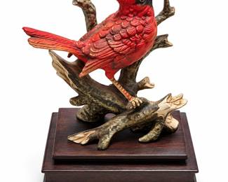 Red Cardinal Figurine on Footed Wood Base