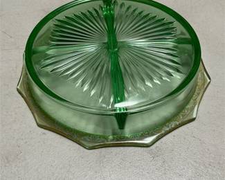 Green Glass Divided Relish Dish with Gold Trim (3/5)