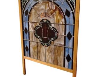 LARGE LEADED GLASS CHURCH WINDOW PANE. MOUNTED IN WOOD FRAME.