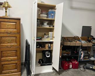 Oak file cabinet, supplies and tools.