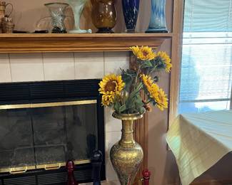 Large brass vase with art glass