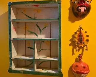 Jim Wagner (American 1940 - 2021) wall cabinet with painted hearts and vines; Mexican coconut dolls