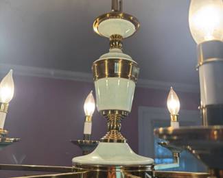 Asian Modern Greek Key Brass & Celadon Porcelain 8-Light Chandelier