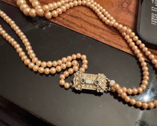 Double-Strand Faux Pearl Necklace with Art Deco Rhinestone Box Clasp