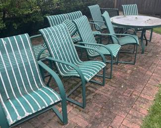 Green Powder-Coated Metal Patio Dining Set with Round Glass-Top Table & 8 Sling Chairs