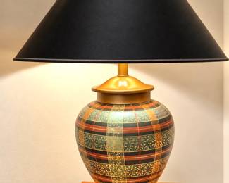 Asian Chinoiserie Plaid & Gilt Ceramic Ginger Jar Table Lamp with Black Shade
