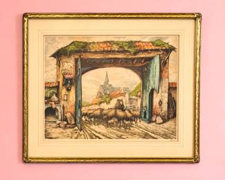 Signed European Pastoral Village Scene with Shepherd & Flock, Hand-Colored Etching in Gilt Frame