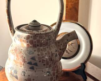 Studio Art Pottery Tripod Teapot with Tall Arch Handle & Abstract Geometric Glaze