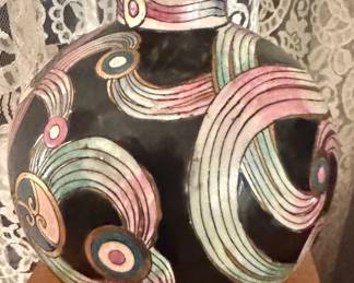 Art Deco Revival Hand-Painted Ceramic Vase with Abstract Geometric Swirl Design