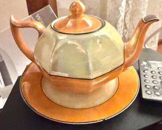 Z.S. & Co. Bavaria Art Deco Ceramic Teapot with Matching Warming Stand & Plate