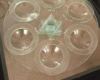 Judaica Passover Seder Pesach Plate Centerpiece Glass/(6) Bowls Israel Hebrew