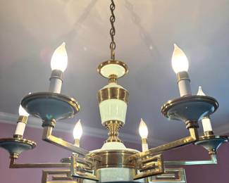 Asian Modern Greek Key Brass & Celadon Porcelain 8-Light Chandelier
