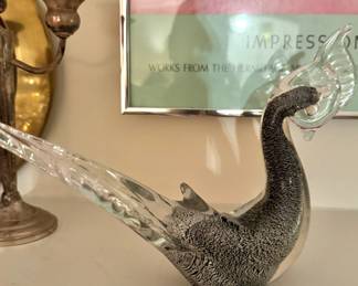 Murano-Style Black & Silver Aventurine Art Glass Pheasant Figurine with Clear Glass Tail