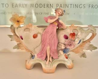 Art Nouveau Style Porcelain Figural Centerpiece with Woman, Applied Flowers & Floral Decoration