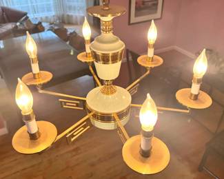 Asian Modern Greek Key Brass & Celadon Porcelain 8-Light Chandelier