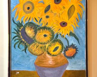 Signed Expressionist Sunflower Still Life Oil Painting