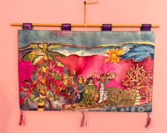 Signed Jerusalem Judaica Hand-Painted Silk Batik Wall Hanging with Dancing Figures