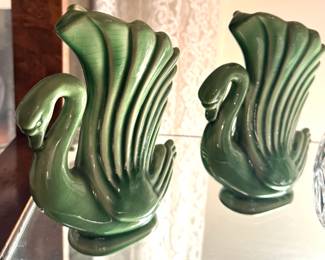 Pair of Art Deco Style Green Crackle-Glaze Ceramic Swan Vases