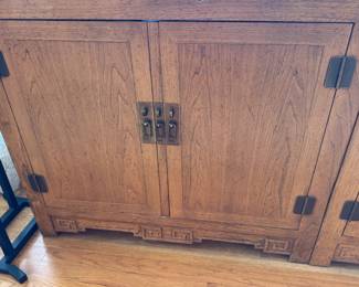 Chippendale Oak Sideboard Credenza with Brass Hardware & Greek Key Detail