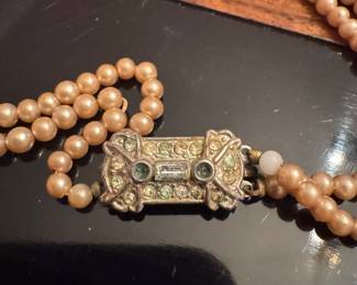 Double-Strand Faux Pearl Necklace with Art Deco Rhinestone Box Clasp
