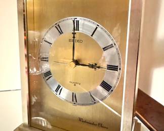 Seiko Westminster Chime Quartz Brass & Glass Mantel Clock with Roman Numeral Dial