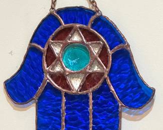 Stained Glass Hamsa Hand with Star of David Judaica Suncatcher