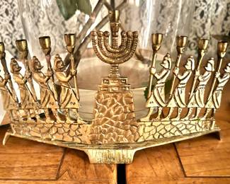 Brutalist Brass Figural Hanukkah Menorah with Processional Figures