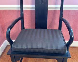 Asian Modern Chinese Chippendale Black Lacquer Armchair with Greek Key Back & Upholstered Seat