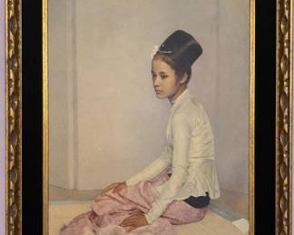 Asian Portrait of Seated Young Woman in Traditional Dress, Ornate Gilt Frame
