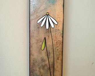Signed Mixed-Media Daisy Flower Wall Art on Wood Panel