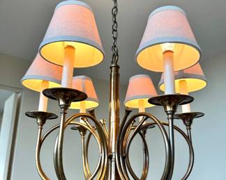 Traditional Brass French Horn 6-Light Chandelier with Looping Arms & Fabric Shades