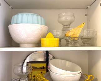 Assorted Kitchenware Collection with Mixing Bowls, Glassware, Bakeware, Cake Stand & Yellow Serving Accessories
