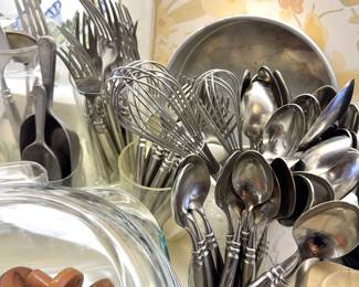 Assorted Stainless Steel Flatware, Serving Utensils & Wire Whisks