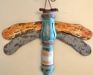 Rustic Folk Art Dragonfly Wall Sculpture with Distressed Painted Wood, Metal Antennae & Burlap Accent