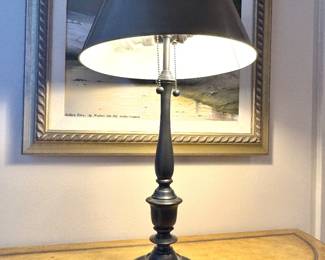 Traditional Turned Dark Bronze-Finish Double-Pull Table Lamp with Black Shade